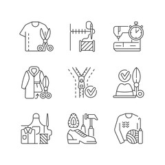 Sewing linear icons set. Resizing shirts. Needlecraft workshop. Fur coat. Zipper replacement. Customizable thin line contour symbols. Isolated vector outline illustrations. Editable stroke