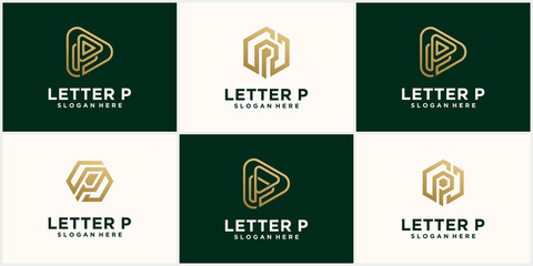 Abstract monogram logo P letter design set, in gold color