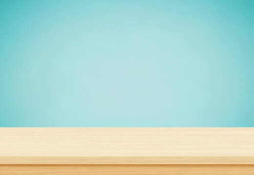 Empty wood table top on blue background, Template mock up for display of product