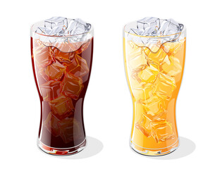 Glasses of cola and orange drinks with ice cubes. Vector illustration.