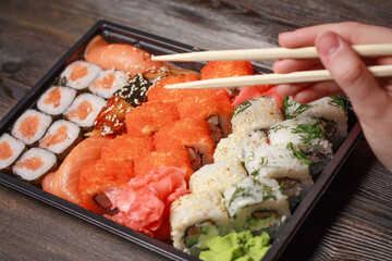 sushi set chopsticks meal japanese food delicacy top view