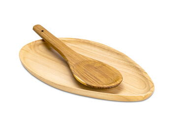 Closeup of wooden tray and wooden spoon on white background.
