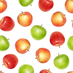 Semless pattern of watercolor realistic shiny apples isolated on white background