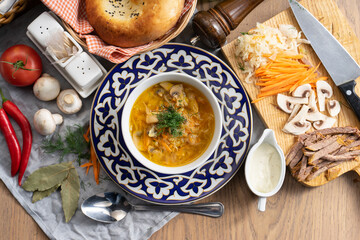 Shchi with sour cream - a traditional Russian vegetable soup