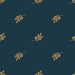 Cute seamless floral pattern of Brown twigs with leaves on dark-blue background.Vector.For fabrics,textiles,wrapping papers,wallpapers,prints. - obrazy, fototapety, plakaty