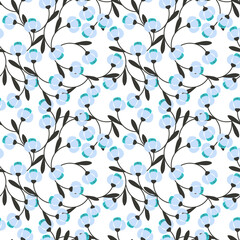 Fototapeta na wymiar Beautiful seamless pattern with simple blue abstract flowers and dark gray leaves.Vector floral ornament on white background.For textiles,fabrics,wallpapers,wrapping papers.