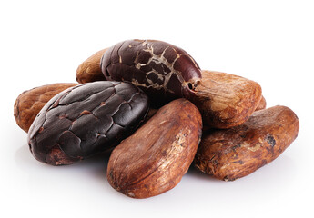 Cocoa beans isolated on white background.