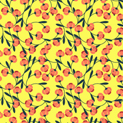 Beautiful seamless pattern with simple coral abstract flowers and dark blue leaves.Vector floral ornament on yellow background.For textiles,fabrics,wallpapers,wrapping papers.