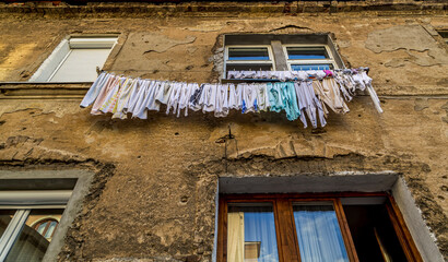 Laundry hanging  on building to dry .
Sarajevo old town. Bosnia and Herzegovina.