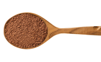 Wooden spoon with cocoa powder isolated on white background.