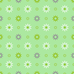 White,green and gray stars seamless pattern,vector repeating ornament on pastel green background.Ideal for fabrics,textile,wrapping papers,wallpapers,scrapbooking,kids clothes,other creative projects.