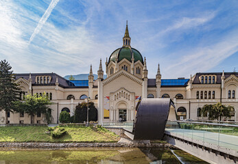 View of the Building of Academy of Fine Arts with Festina Lente bridge in the foreground. Sarajevo, Bosnia and Herzegovina.