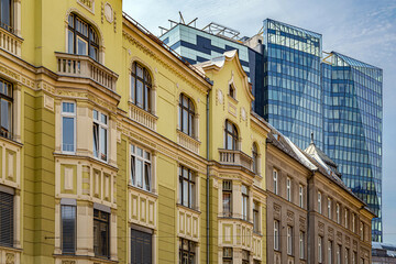 Meeting of old and modern buildings forms. Sarajevo downtown, at Marijin Dvor district. Bosnia and Herzegovina. 