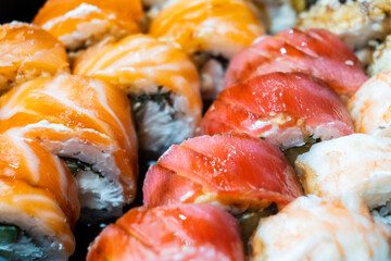 Sushi rolls close-up. Food concept. Japanese kitchen