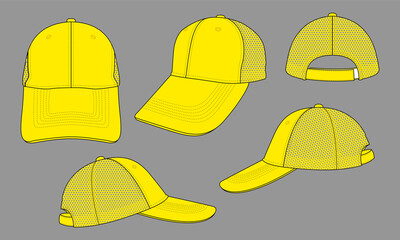 Set Blank Yellow Mesh Baseball Cap With Adjustable Hook-Loop Strap Template Vector.