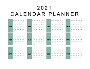 Simple calendar 2021. Vector illustration. Planning calendar. Week starts on Sunday. Stationery design.