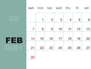 February 2021. Calendar planner design template. Week starts on Sunday. Stationery design. Vector Illustration