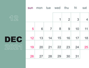 December 2021. Calendar planner design template. Week starts on Sunday. Stationery design. Vector Illustration