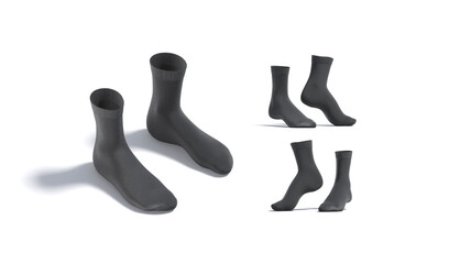 Blank black long socks pair mockup stand, different views