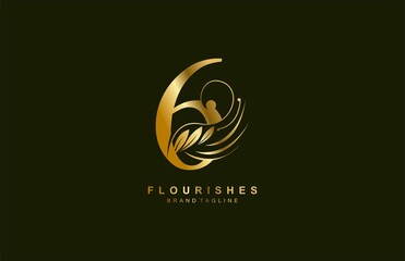 number 6 linked beauty flourish golden color logo design