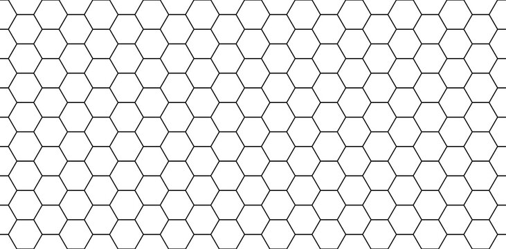 Hexagon seamless pattern. Honeycomb background. Texture with hexagon of honey comb. Black grid of bee. Abstract geometric background. Hex tile of mosaic. Line ornament for hive. Vector