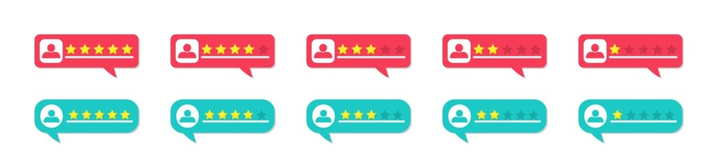 Review, rate and feedback from customers. Bubbles with stars for testimonial. Online rating for client with bad or good comment. Survey of level of satisfaction. Experience of user of hotel. Vector