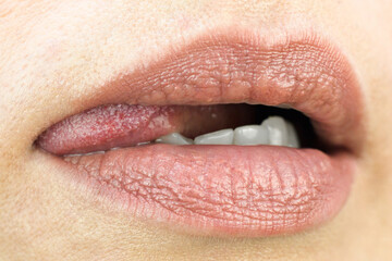 Obraz premium Female mouth with sexy tongue sticking out to one side.