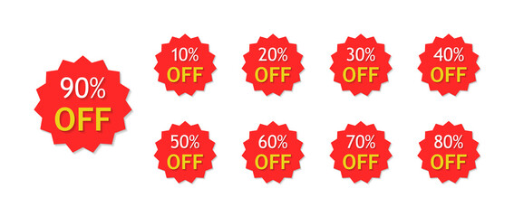Sale with discount off 10 to 90 percent. Red sticker with price special offer. Label for promotion of product. Tag for retail. Set of coupons. Design logo in business. Icon star for buy. Vector.