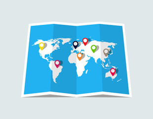 World map with pin of location. Paper world map for travel, business and tourism. Template of earth with country. Global geography banner. Cartography with infographic. Board with trips. Vector