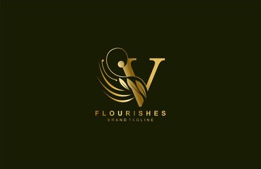 lowercase letter v linked beauty flourish golden color logo design