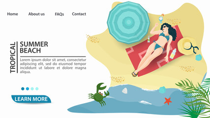 Banner for the design of advertising tourist web pages websites and mobile applications on the theme of summer holidays travel and vacation A girl in a bikini swimsuit sunbathing on the beach