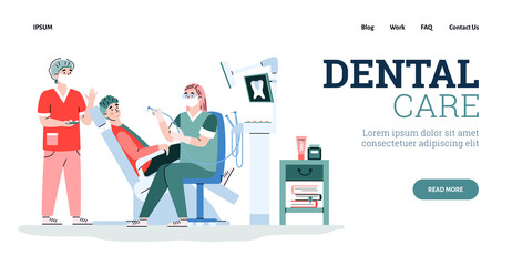 Dental care clinic website with patient and dentist cartoon vector illustration.