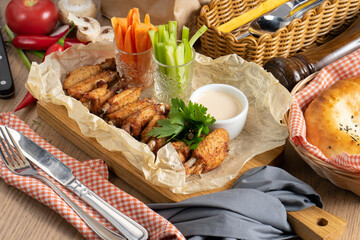 Baked chicken wings with cheese sauce, and vegetables