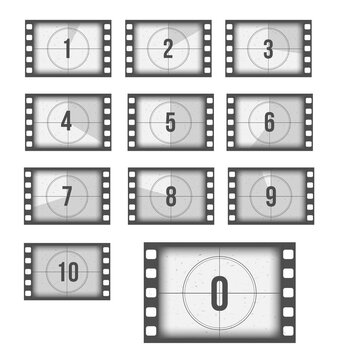 Set movie countdown isolated on white background.   Vintage silent  old film concept. Vector stock