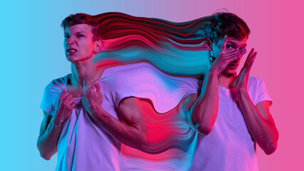 Mental health concept in creative way. Man with different emotions connected by colorful wave. Splitting personality, displayed and hidden feelings. Happe, cheerful and disappointed, depressed.