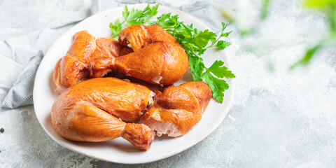 chicken pieces fried barbecue meat or grilled fast food poultry portion on the table meal snack top view copy space food background rustic image