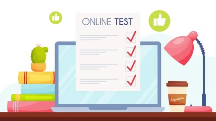Online test concept. Done icons. Workplace animation. Vector animation.