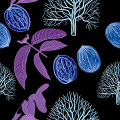 Walnuts hand-drawn illustration. Natural product vegetarianism. Sketch print textile vintage plants harvest patern seamless