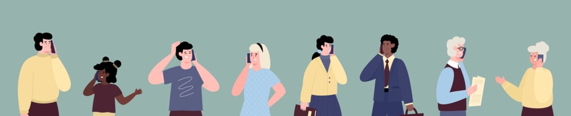 People of various ages talking phone, flat cartoon vector illustration.
