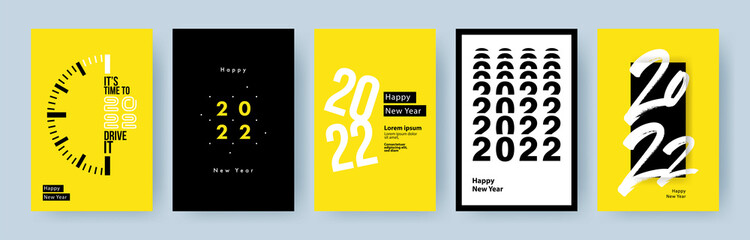 Creative concept of 2022 Happy New Year posters set. Design templates with typography logo 2022 for celebration and season decoration. Minimalistic trendy backgrounds for branding, banner, cover, card
