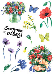 Summer floral set. Red poppies, chammomiles, cornflowers, butterflies, bouquet in a vase and in hands, lettering "Summer vibes" - isolated elements on white background. Watercolor illustration.