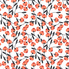 Beautiful seamless pattern with simple coral  abstract flowers and dark blue leaves.Vector floral ornament on white background.For textiles,fabrics,wallpapers,wrapping papers.