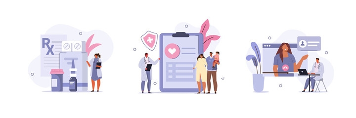 
Various Healthcare Scenes. Pharmacist Showing Medicaments in Pharmacy Store, Doctor and Patients filling Health Insurance Contract, Doctor Online. Medicine Concept. Flat Cartoon Vector Illustration.