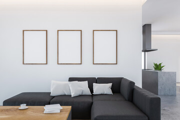 Mockup frames in living room interior with modern furniture and kitchen