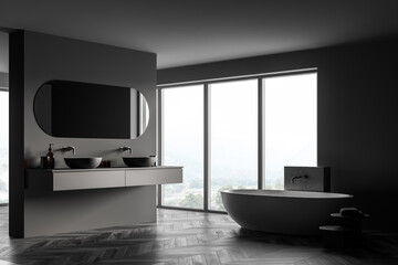 Corner of modern bathroom with double sink and bathtub, large panoramic window, countryside view, minimalistic wooden and glass interior design. 3d rendering