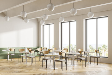 Cafeteria, dining room in university, cafe with tables and chairs, counter bar hotel. Canteen...