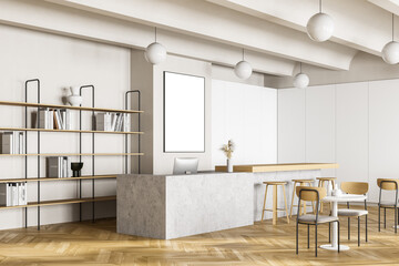 Cafeteria, dining room in university, cafe with tables and chairs, counter bar hotel. Canteen interior in school, college or office. Mock up white poster copy space.