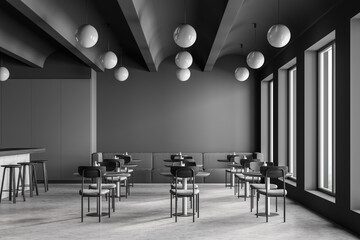 Cafeteria, dining room in university, cafe with tables and chairs, counter bar hotel. Canteen interior in school, college or office. Wall copy space.