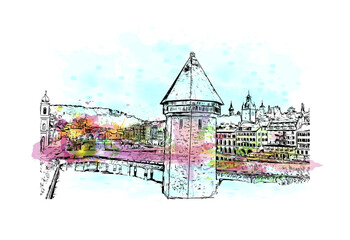 Building view with landmark of Lucerne is a compact city in Switzerland. Watercolour splash with hand drawn sketch illustration in vector. - obrazy, fototapety, plakaty