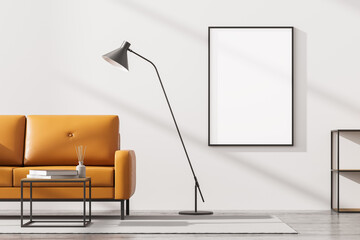 Modern living room interior with one empty poster on white wall, mock up. Furnished by yellow sofa,...